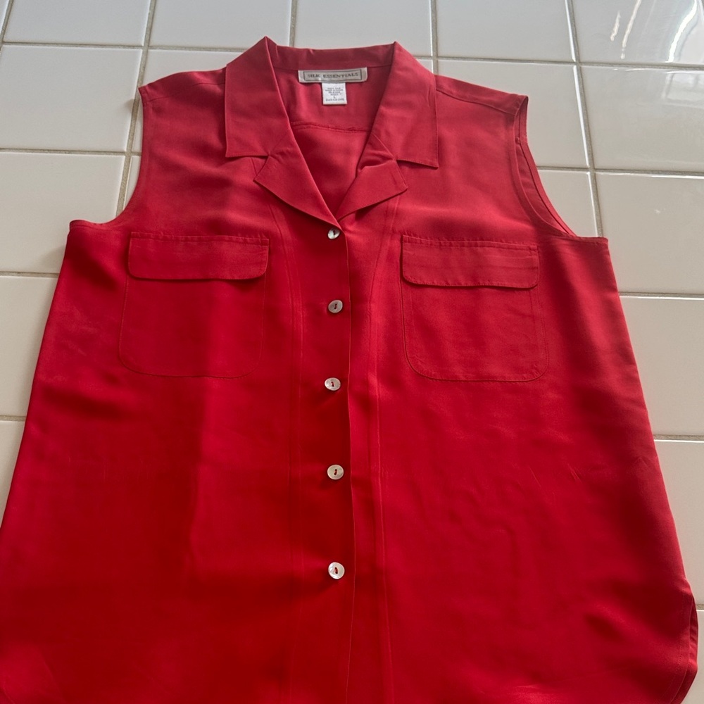 Silk Essentials Red Sleeveless Button-Down Shirt L - image 1